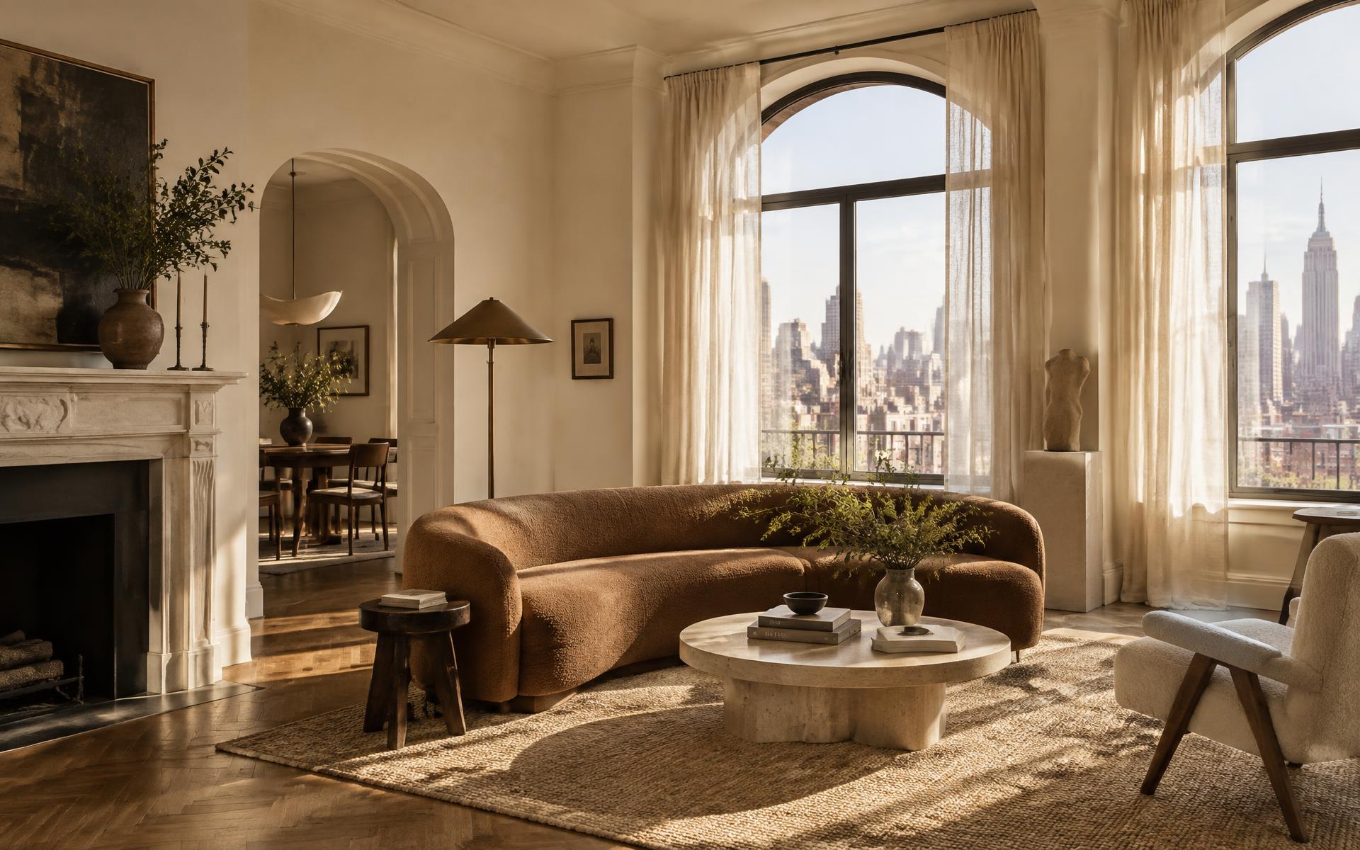 Sunlit Manhattan loft living room designed by Botero Interiors